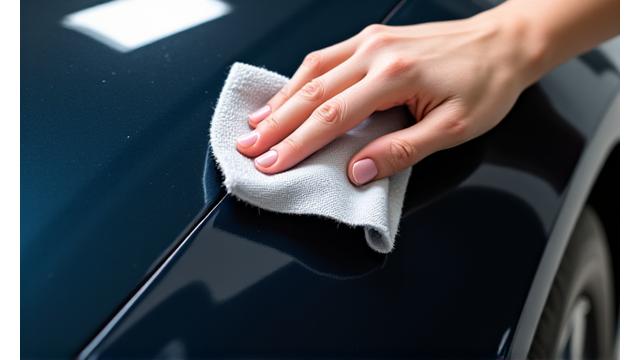 Main appliquant de la cire de protection sur la carrosserie d'une voiture, pour un traitement premium